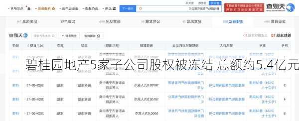 碧桂园地产5家子公司股权被冻结 总额约5.4亿元