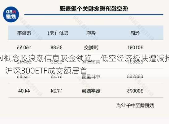 AI概念股浪潮信息吸金领跑，低空经济板块遭减持，沪深300ETF成交额居首