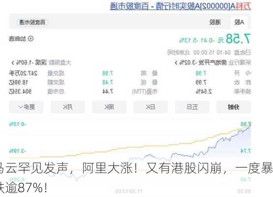 马云罕见发声，阿里大涨！又有港股闪崩，一度暴跌逾87%！