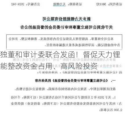 独董和审计委联合发函！督促天力锂能整改资金占用、高风险投资