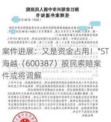 案件进展：又是资金占用！*ST海越（600387）股民索赔案件或将调解