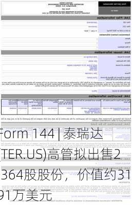 Form 144 | 泰瑞达(TER.US)高管拟出售2,364股股份，价值约31.91万美元