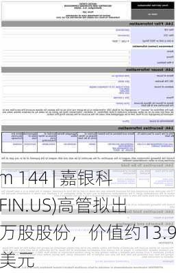 Form 144 | 嘉银科技(JFIN.US)高管拟出售2万股股份，价值约13.94万美元