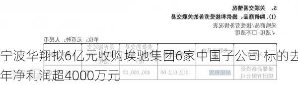 宁波华翔拟6亿元收购埃驰集团6家中国子公司 标的去年净利润超4000万元