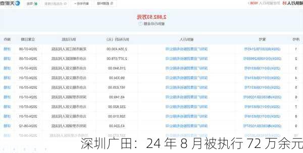 深圳广田：24 年 8 月被执行 72 万余元