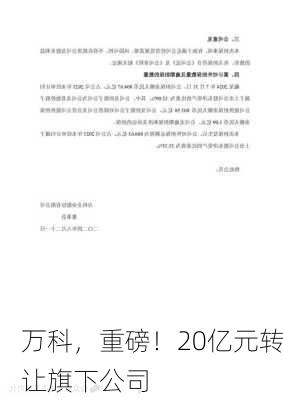 万科，重磅！20亿元转让旗下公司