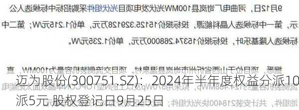 迈为股份(300751.SZ)：2024年半年度权益分派10派5元 股权登记日9月25日