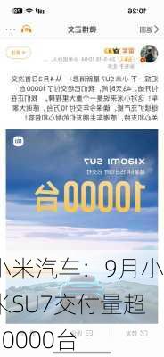 小米汽车：9月小米SU7交付量超10000台